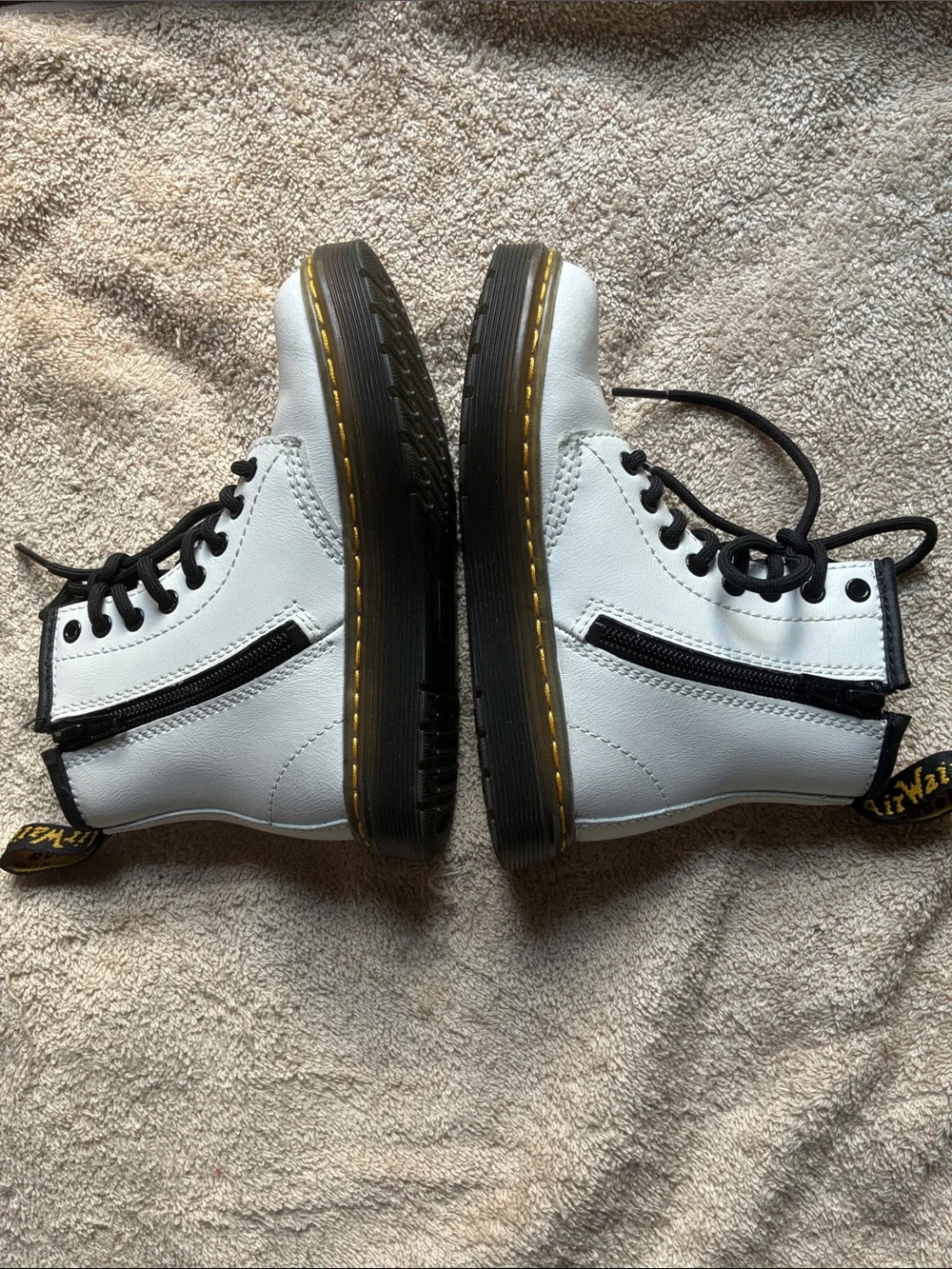 Dr. Martens 11 Kids White Lace-Up Combat Boots with Black Accents